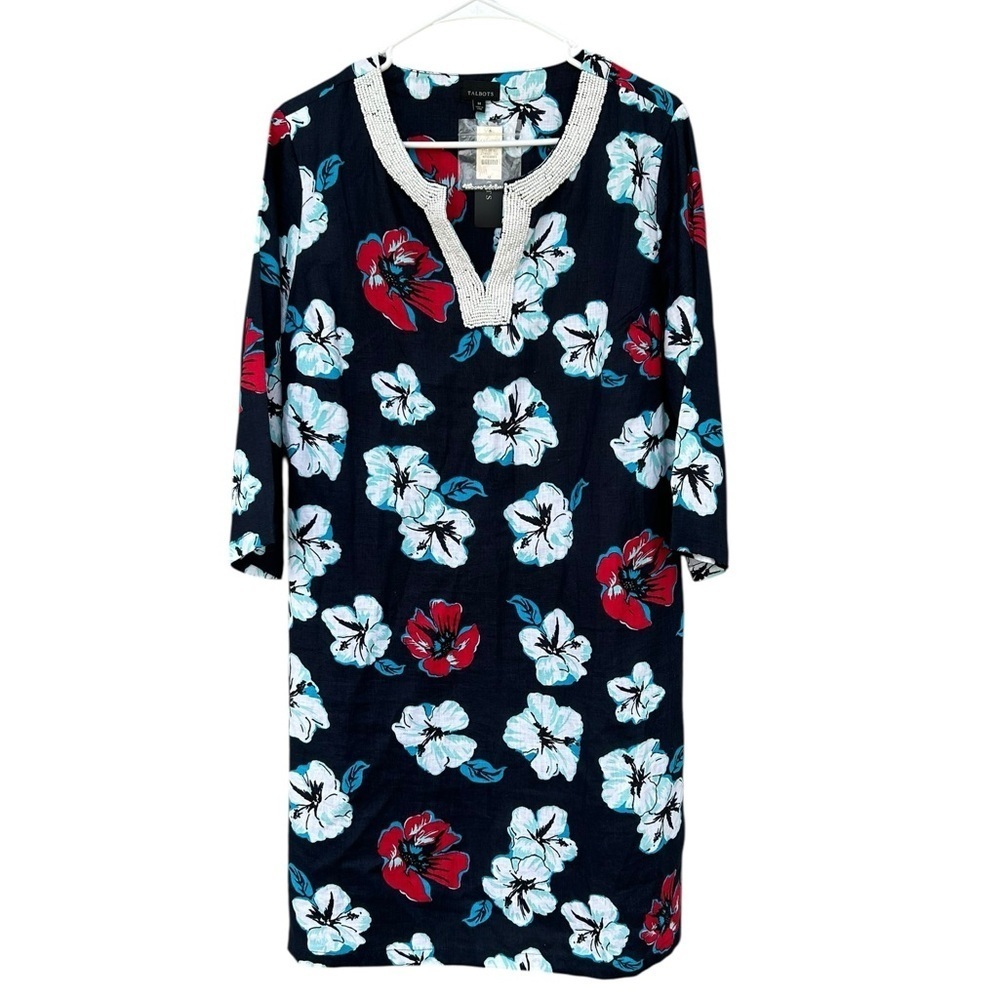 NWT Talbots 100% Linen Hibiscus Tunic Dress - Red White Blue - Size Medium